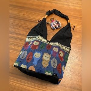 Thai Elephant Owl Cotton Handbag Shoulder Bag w/ Elephant Keychain, Multicolored